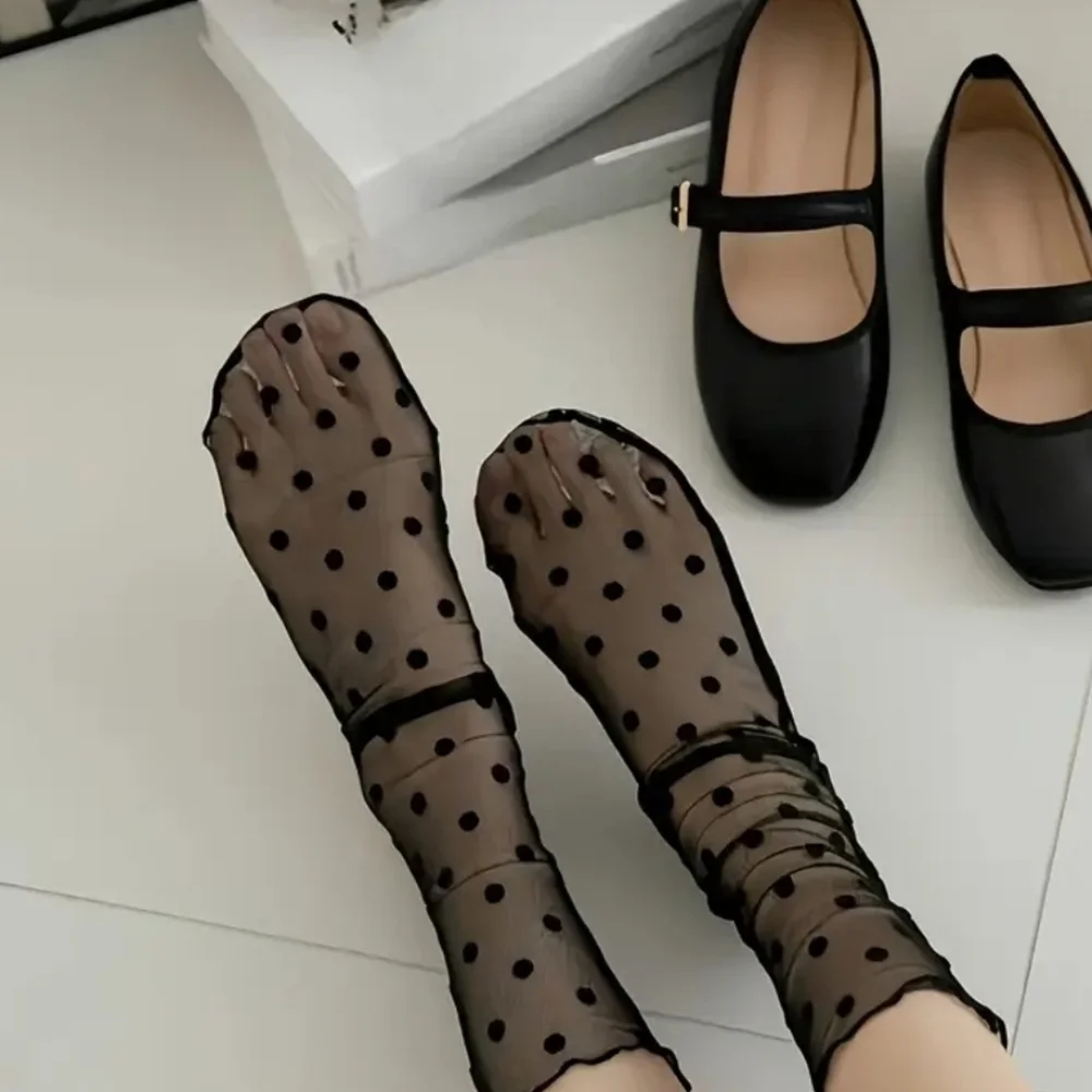 Elegant Black Sheer Polka-dot Mesh Mid-Calf/Ankle Socks with Back Seam